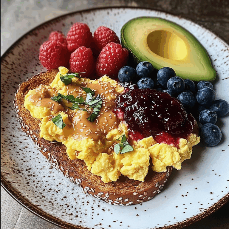 Colorful Breakfast Plate with Scrambled Eggs, Avocado, PB&J Toast & Fresh Berries