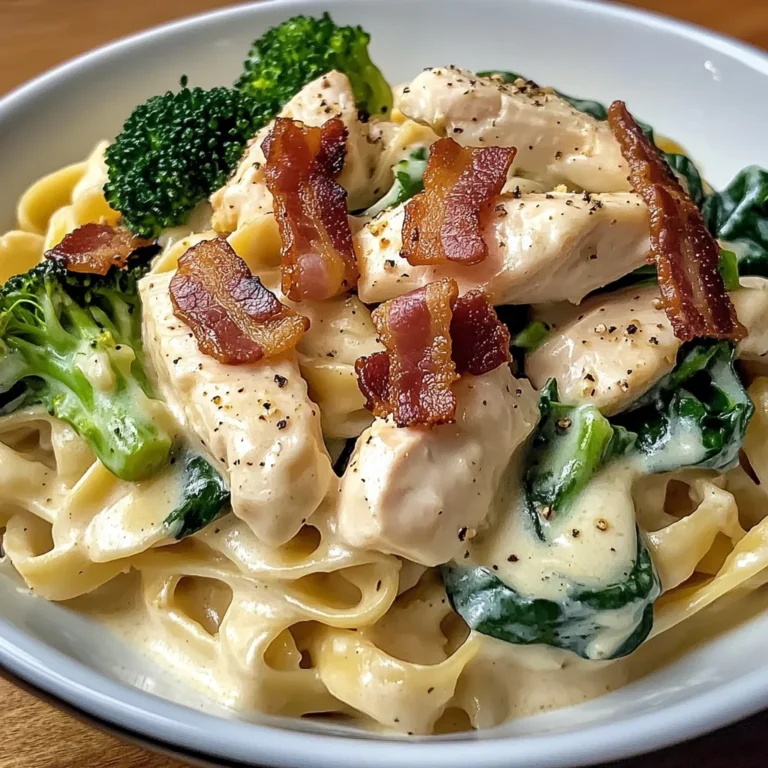 Creamy Chicken Bacon Fettuccine Alfredo with Spinach & Broccoli
