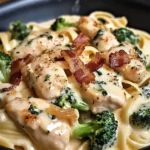Creamy Garlic Butter Chicken Alfredo with Spinach, Bacon & Broccoli