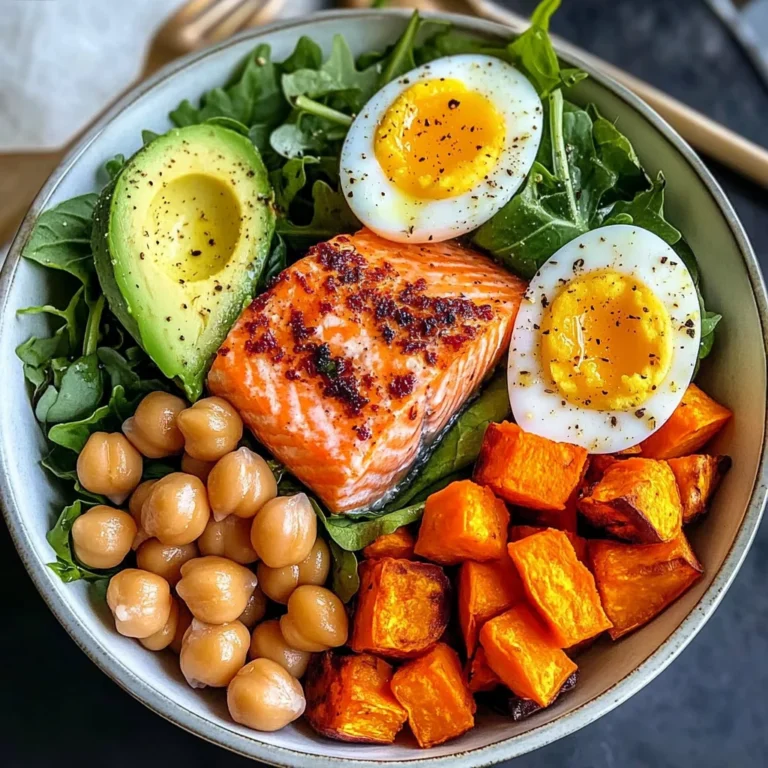 Omega Bowl: Salmon, Jammy Egg & Greens with Chickpeas & Sweet Potato