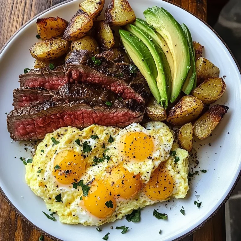 Steak, Cheesy Scrambled Eggs & Herb Potatoes