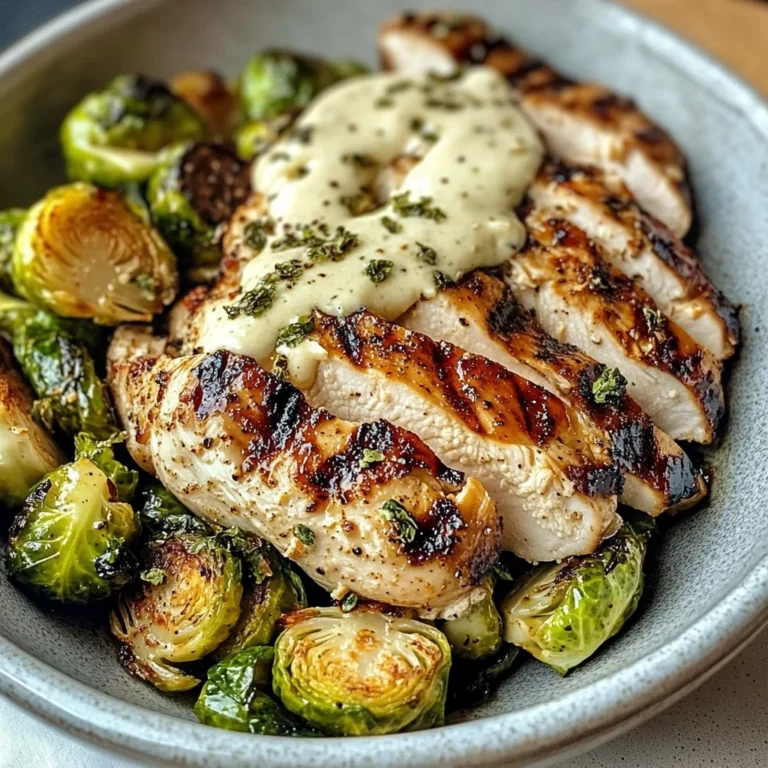 Grilled Chicken & Brussels Sprouts Bowl with Creamy Garlic-Parmesan Sauce