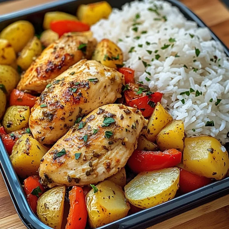 Savory Herb Chicken with Roasted Potatoes, Bell Peppers & Steamed Rice