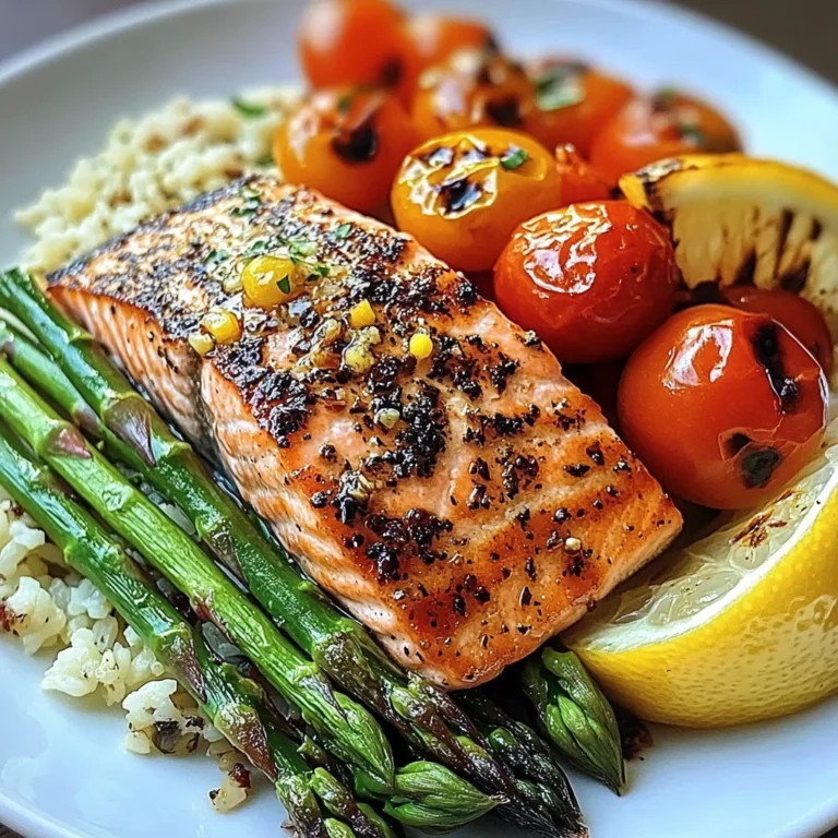 Seared Salmon with Asparagus, Cherry Tomatoes & Cauliflower Rice