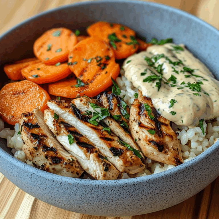 Grilled Chicken Rice Bowl with Creamy Herb Sauce & Carrots