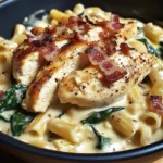 Creamy Chicken, Bacon & Spinach Pasta in Cheesy Garlic Sauce
