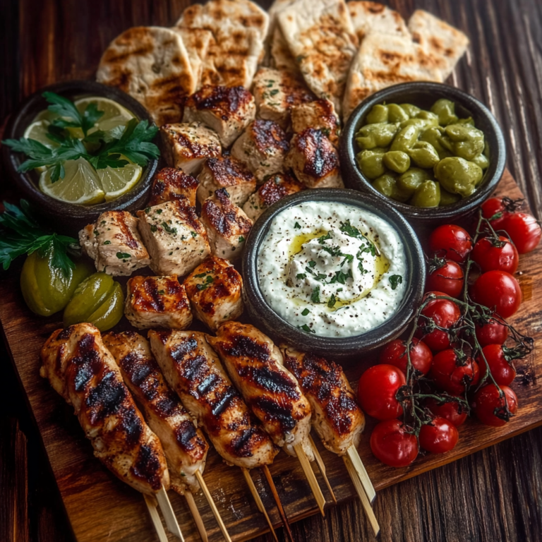 Greek Chicken Souvlaki Grazing Board with Feta Dip – A Mediterranean Feast to Share