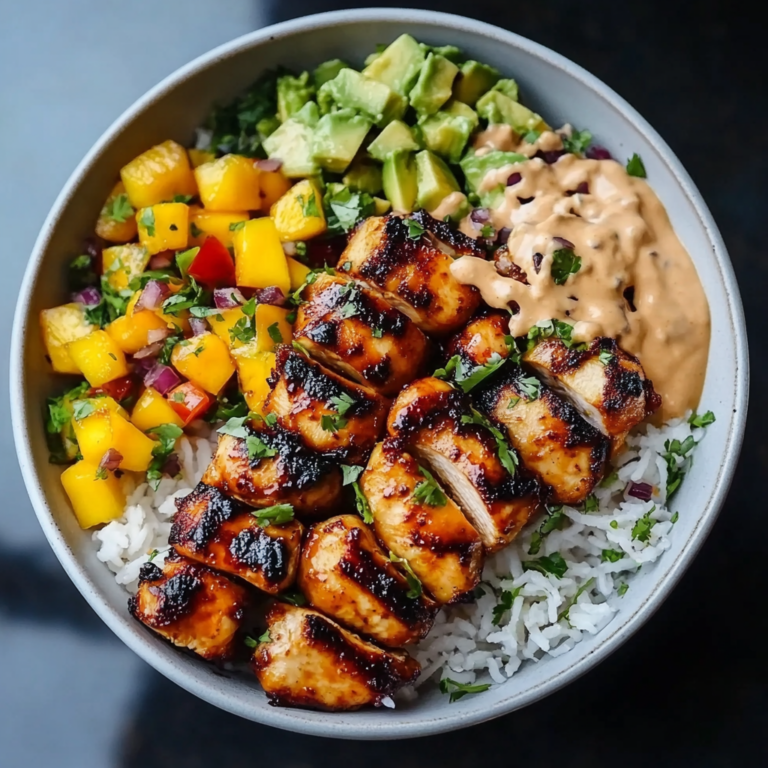 Grilled Maple Sriracha Chicken Bites with Coconut Rice & Mango Avocado Salsa Bowl with Chili Mayo
