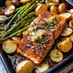 Lemon Brown Butter Salmon and Potatoes with Parmesan Asparagus
