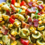 Corn Pasta Salad with Turkey Bacon and Creamy Pesto Dressing
